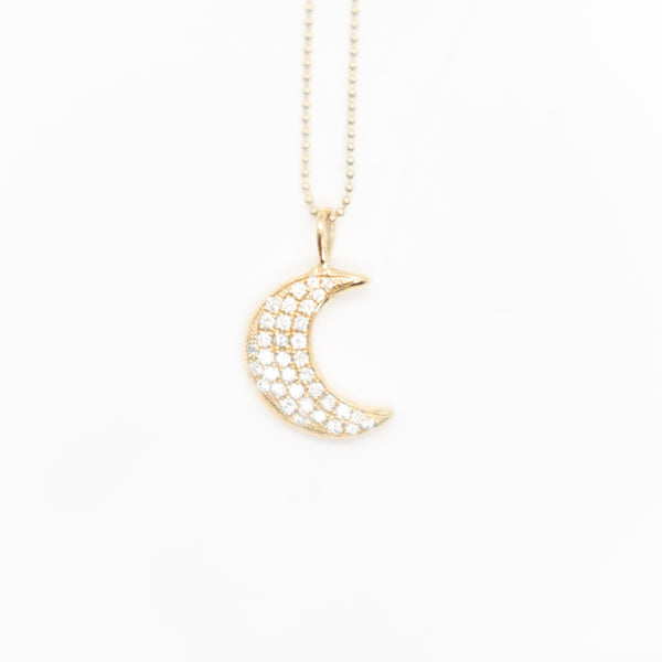 14k Gold Large Crescent Moon Necklace with Micro Pave Diamonds