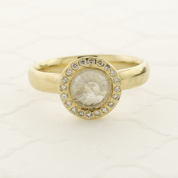 14k Gold Natural Rose Cut Milky White Diamond Ring with Pave Halo
