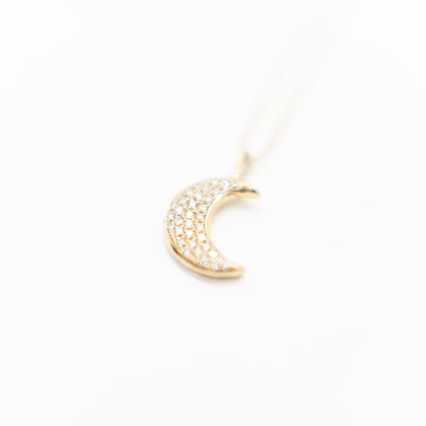 14k Gold Large Crescent Moon Necklace with Micro Pave Diamonds