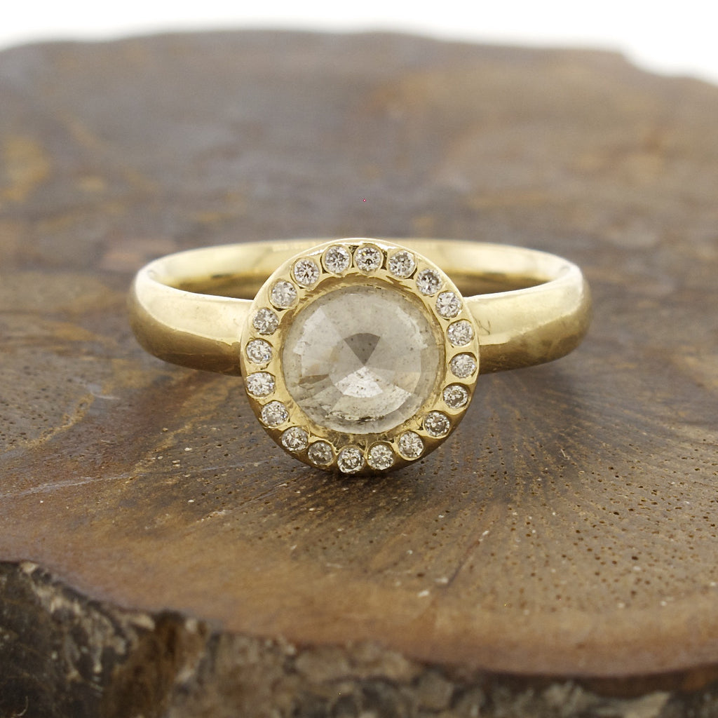 14k Gold Natural Rose Cut Milky White Diamond Ring with Pave Halo