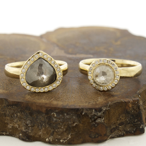 14k Gold Natural Rose Cut Milky White Diamond Ring with Pave Halo