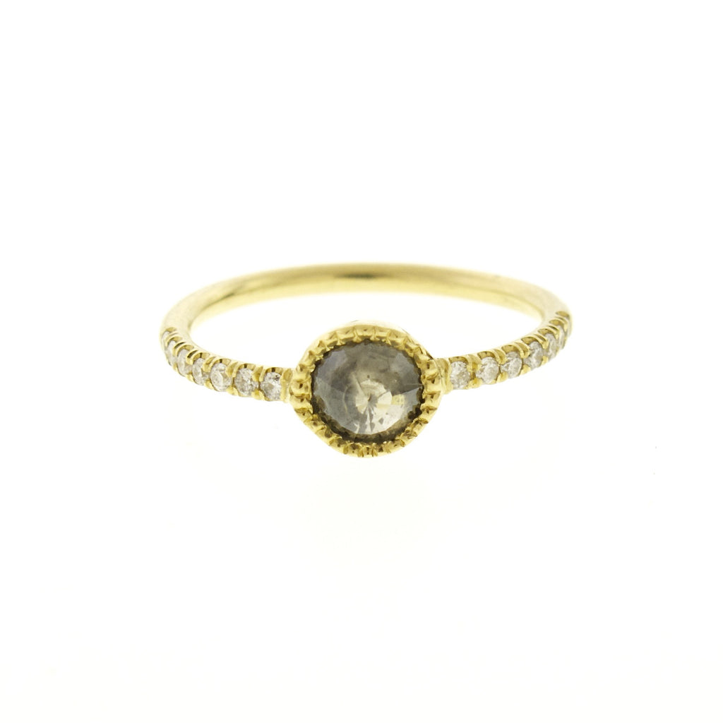 18k Gold Millgrain Set Natural Grey Diamond Ring with Pave Diamond Band