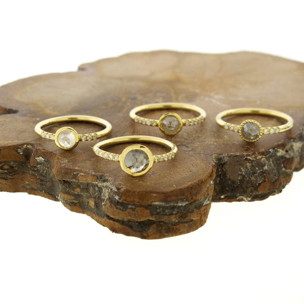 18k Gold Millgrain Set Natural Grey Diamond Ring with Pave Diamond Band