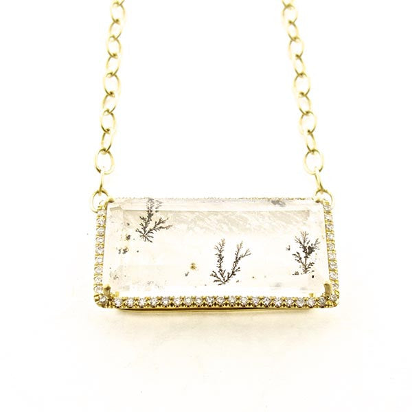 18k Gold Dendritic Quartz Necklace with Rectangle Diamond Halo