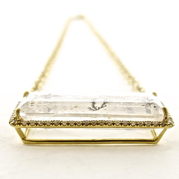 18k Gold Dendritic Quartz Necklace with Rectangle Diamond Halo