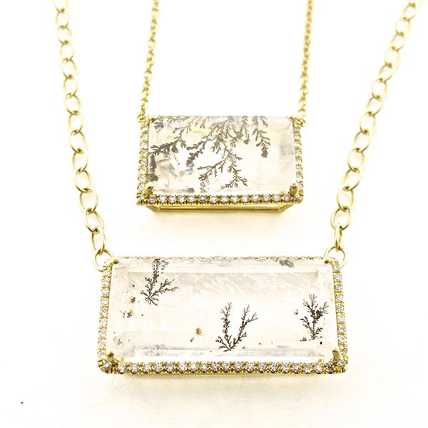 18k Gold Dendritic Quartz Necklace with Rectangle Diamond Halo
